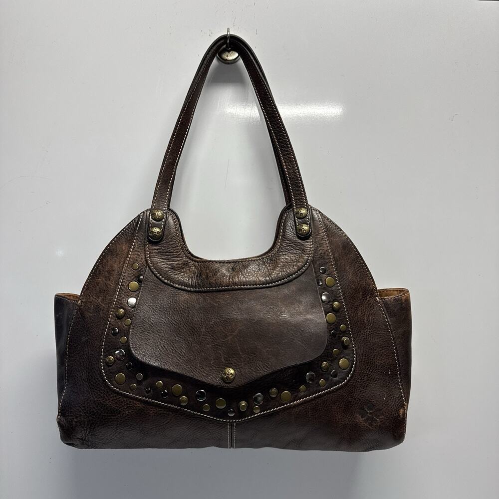 Patricia Nash Womens Shoulder Bag Studded Italian Leather Brown Large